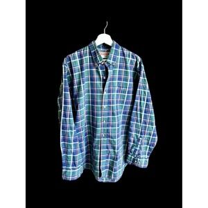 Vintage 80s McGregor Plaid Cotton Button Up Shirt Sz XL Green Blue Distressed